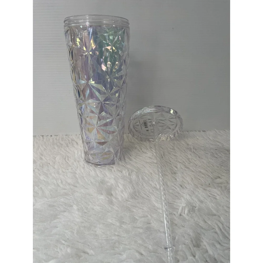Iridescent Geometric Prism Tumbler with Lid and Straw Holographic Cold Cup 24oz